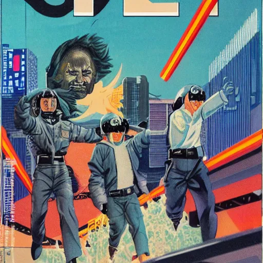 Image similar to 1979 OMNI Magazine, Anime Neo-tokyo bank robbers fleeing the scene with bags of money, Highly Detailed, 8k :4 by Vincent Di Fate : 8