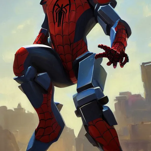 Image similar to greg manchess portrait painting of fully armored mecha spiderman as overwatch character, medium shot, asymmetrical, profile picture, organic painting, sunny day, matte painting, bold shapes, hard edges, street art, trending on artstation, by huang guangjian, gil elvgren, ruan jia, greg rutkowski, gaston bussiere