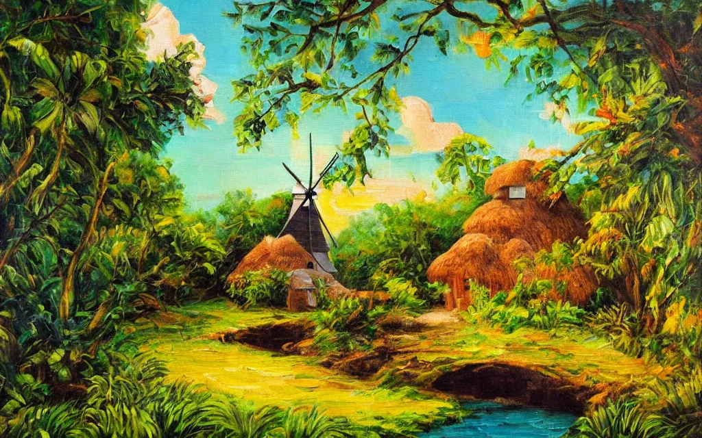 Image similar to a small island with a cozy cottage, tropical forest, river, waterfall, windmill, garden courtyard, sunset, puffy clouds, dynamic lighting, thick brush strokes oil impasto painting