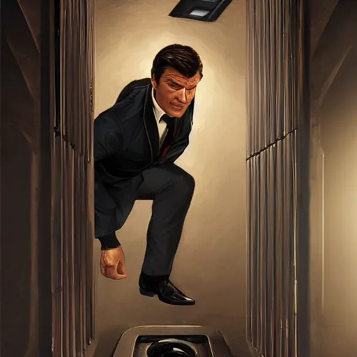 Prompt: Nathan Fillion as James Bond in Goldeneye 007 in an air vent above bathroom cubicle, D&D, cinematic, fantasy, intricate, elegant, highly detailed, digital painting, artstation, concept art, smooth, sharp focus, illustration, art by artgerm and greg rutkowski and alphonse much