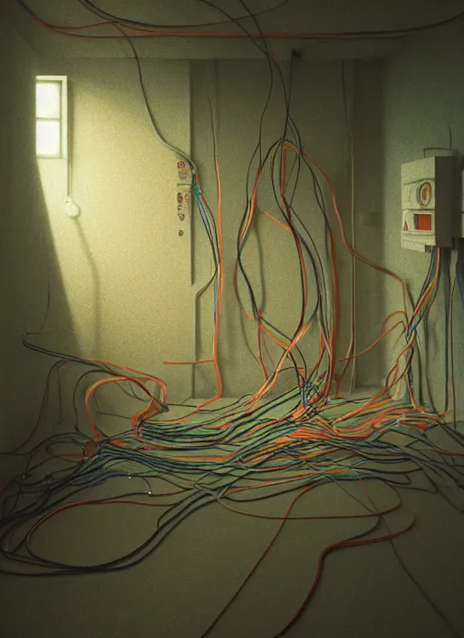 Image similar to rgb wires, basement, cinematic, movie scene, inspired by zdzislaw beksinski, veins,, cables everywhere, bedroom, ultra realistic, concept art, intricate details, highly detailed, photorealistic, octane render, 8 k