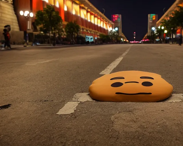 Prompt: poop emoji in the streets of beijing at twilight dslr photo