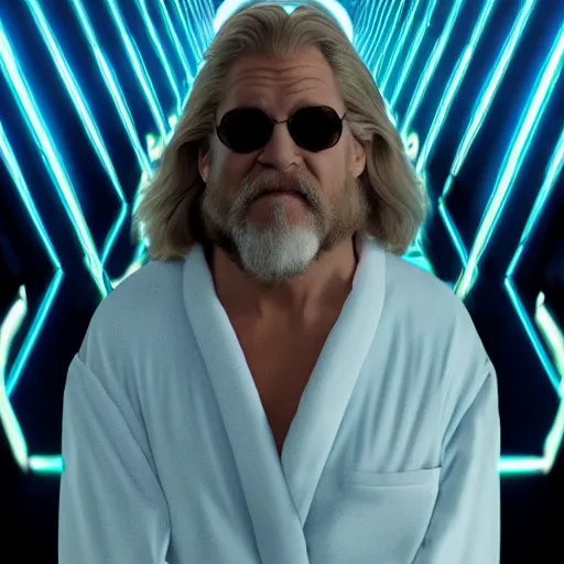 Image similar to dude lebowski dressed in bathrobe played by jeff bridges, stuck in tron realm, photorealistic movie still, detailed 8 k, poster style, high resolution