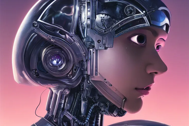 Image similar to highly detailed surreal vfx portrait of a robot android, ex machina, ghost in the shell, alita battle angel, stephen bliss, unreal engine, greg rutkowski, loish, rhads, beeple, makoto shinkai and lois van baarle, ilya kuvshinov, rossdraws, tom bagshaw, global illumination, detailed and intricate environment