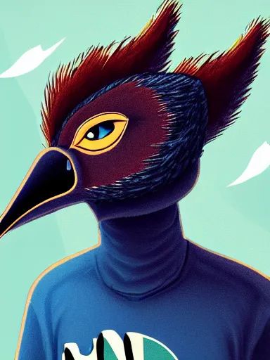 Image similar to front facing portrait. humanoid furry! anthro, anthro, anthro, avian, avian, avian!!! fursona, bird, bird, bird!!! digital art! trending on artstation! subject wearing hoodie and jeans!! subject is female!! female!!! big beak, big beak, big beak!!! blue feathers!! birdfolk!! owlkin!! Character design by charlie bowater, ross tran, artgerm, and makoto shinkai!!! detailed!!!