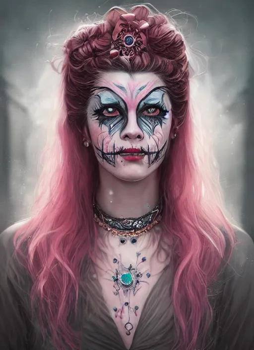 Image similar to portrait of pink vampire, symmetric, facepaint facepaint facepaint, intricate jewelry, trending on artstation 4 k, high quality, in the style of karol bak and tom bagshaw, tattoos