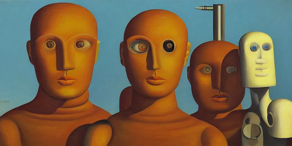 Image similar to super - intelligent robot with kind eyes portrait, grant wood, pj crook, edward hopper, oil on canvas