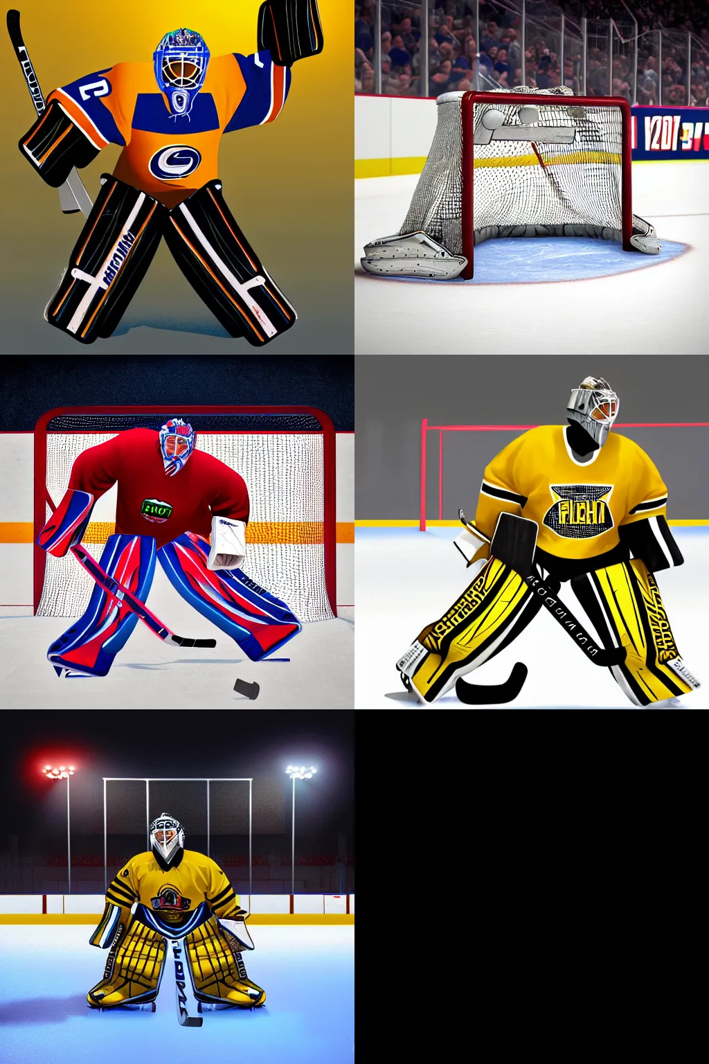 Prompt: hockey goalie, dynamic composition, bright arena lights on the background, 8k resolution, trending on artstation, digital art