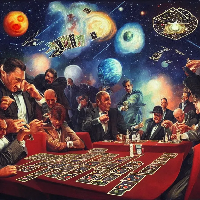 Prompt: Mafiosi playing cards in cosmos, Jupiter and star systems are visible in the background. Extremely high details, realistic, fantastic art, masterpiece, art by Alexei Leonov