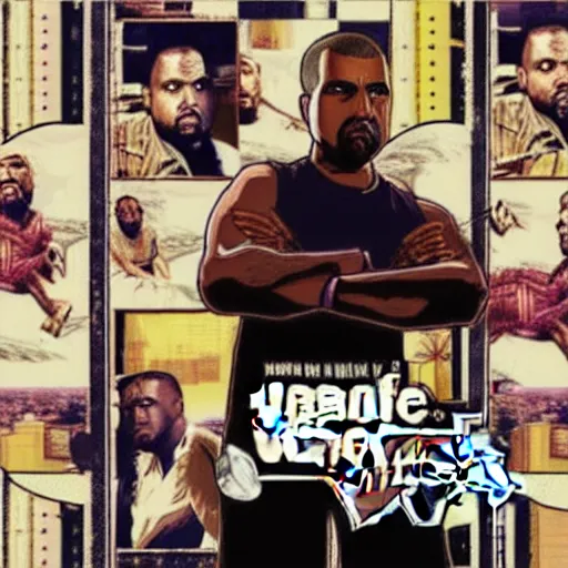 Prompt: “Kanye West in GTA V cover art, loading screen art by Stephen Bliss, boxart”