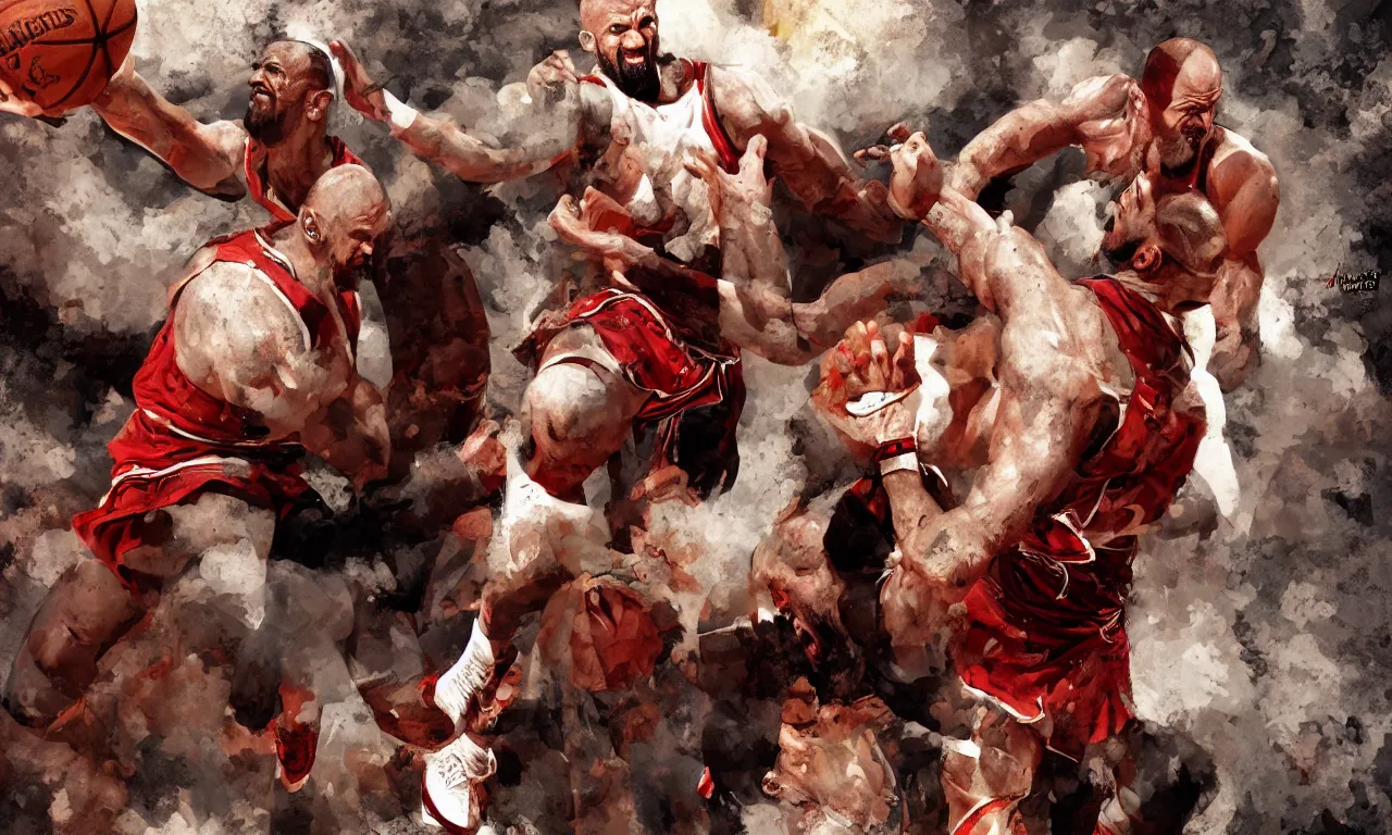 Prompt: a detailed digital painting rendition of kratos as lebron james throwing basketballs, art by norman rockwell
