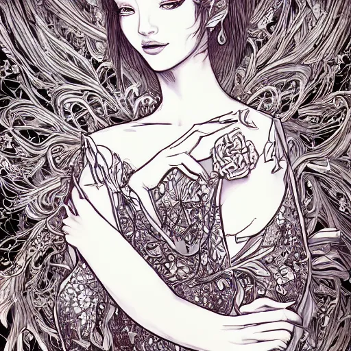 Image similar to the most ridiculously beautiful and elegant woman ever imaginable, an ultrafine detailed illustration by james jean, final fantasy, intricate linework, bright colors, behance contest winner, vanitas, angular, altermodern, unreal engine 5 highly rendered, global illumination, radiant light, detailed and intricate environment