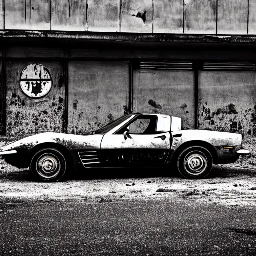 Prompt: black and white press photograph of a rusted abandoned chevrolet corvette 2 0 2 2 on an empty abandoned city street, full view, detailed, natural light, mist, film grain, soft vignette, sigma 5 0 mm f / 1. 4 1 / 1 0 sec shutter, imax 7 0 mm footage