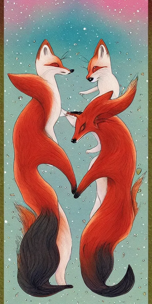 Image similar to greeting card, love, 2 affectionate foxes, by kelly mckernan, warm colors, cozy