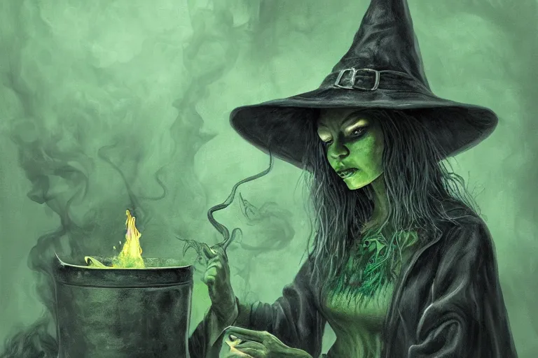 Image similar to close shot of a witch brewing in her lair, depressing, gloomy, tired, detailed, witch hat, dungeon, green smoke, fire, smoke, realism, realistic, hyper detailed, green lighting, ambient lighting, smoke, haze, bokeh, acrylic, digital painting,