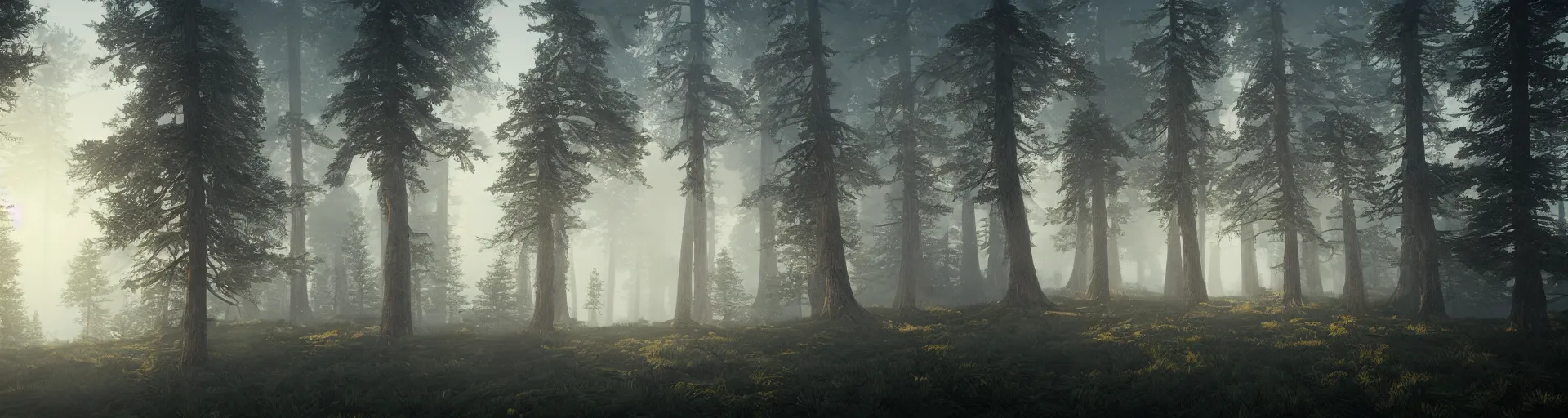 Prompt: deep forest of foggy pine trees, majestic landscape, dusk, very detailed, octane render, realistic, 8 k, unreal engine 5, dramatic, volumetric, mountain, greg rutkowski