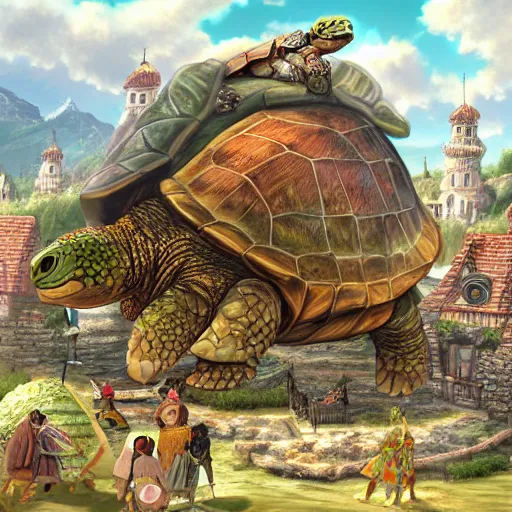 Image similar to a large fantasy town on top of a giant turtle,digital art,detailed