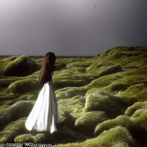 Prompt: dark and moody 1 9 7 0's artistic spaghetti western film in color, a woman in a giant billowy wide long flowing waving dress made out of white sea foam, standing inside a green mossy irish rocky scenic landscape, crashing waves and sea foam, volumetric lighting, backlit, moody, atmospheric