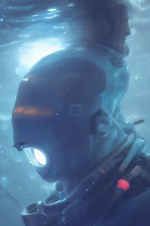 Prompt: astronaut underwater in the ocean at night, volumetric lighting, glowing lights, 4k, octane, digital painting, artstation, concept art, sharp focus, illustration, art by artgerm and greg rutkowski and alphonse mucha