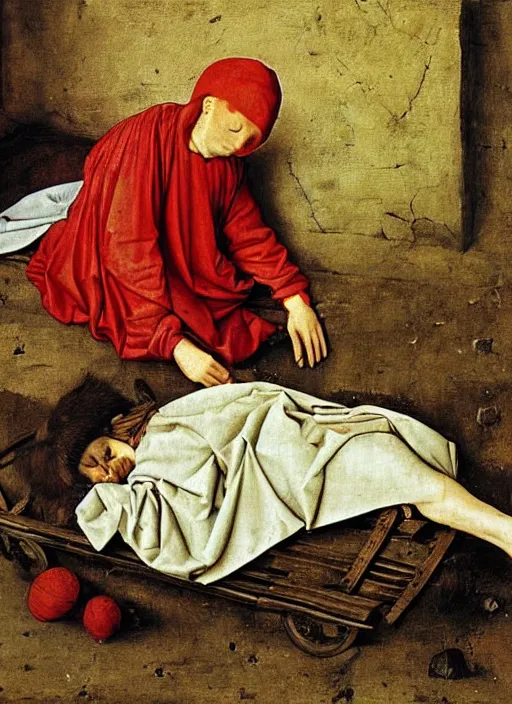 Image similar to Unconscious 10 years old boy dressed in some rags curled up into a ball, he clung to the side of the wagon, medieval painting by Jan van Eyck, Florence