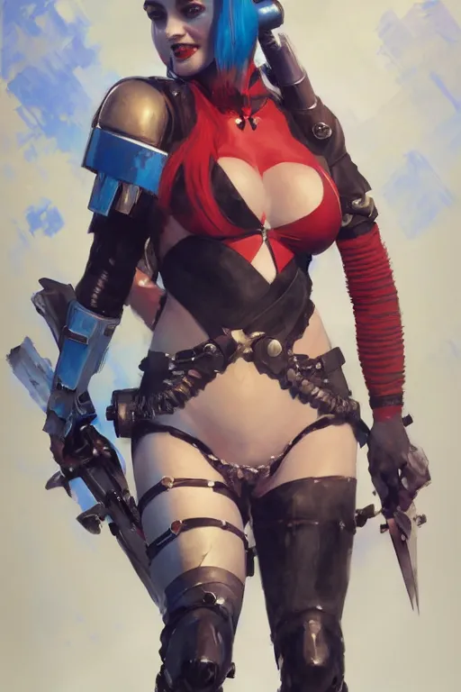 Image similar to portrait of Harley Quinn in bikini armor, dc comics, cyberpunk, Warhammer 40000, dark fantasy, digital art from artstation by Ruan Jia and Mandy Jurgens and Artgerm and william-adolphe bouguereau