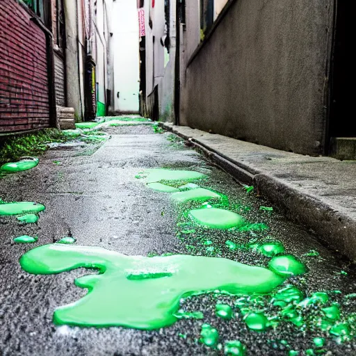 Prompt: a sticky puddle of green luminous goop on the pavement in a back alley