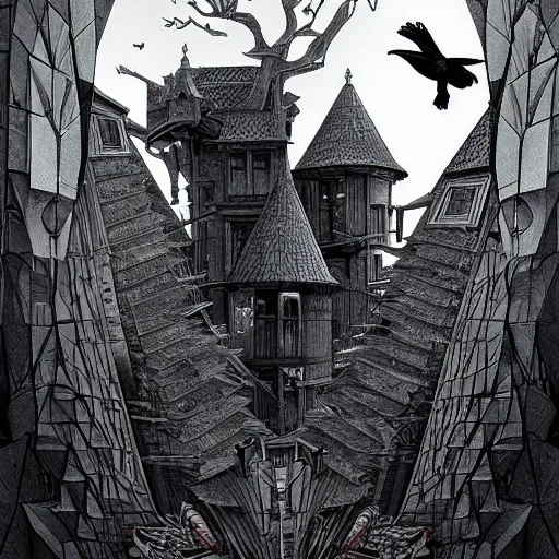 Image similar to crows at a architectural complex with an occult witch by Android Jones and M. C. Escher collaboration, futurist, digital art, dramatic lighting, symbolic