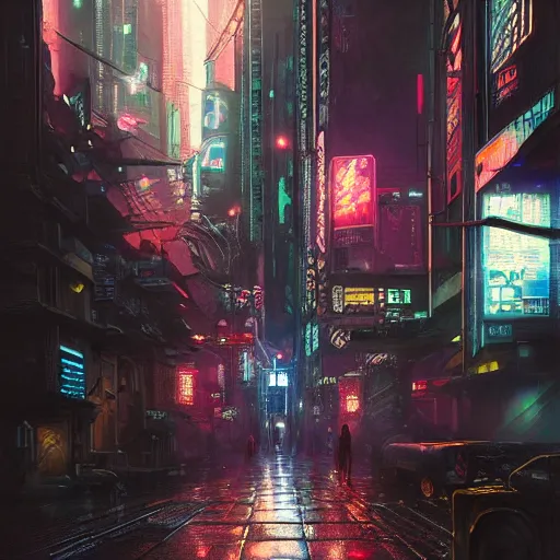 Image similar to a painting of cyberpunk tokyo ultra realistic, colour, concept art, intricate details, night, thunder, raining, eerie, highly detailed, dark fantasy, photorealistic, octane render, 8 k, unreal engine 5. art by artgerm and greg rutkowski and alphonse mucha