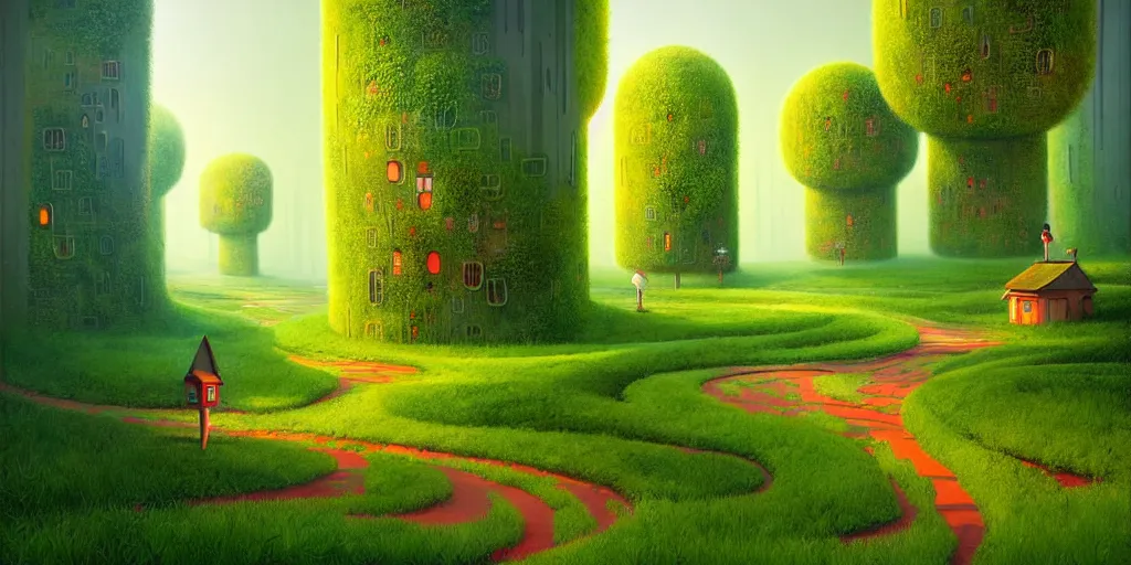 Prompt: Beautiful artwork city of the future, overgrown with trees and plants. Nice colour scheme, warm colour. Beautiful artistic digital artwork by artist Lurid. (2022), Gediminas Pranckevicius