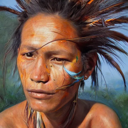 Image similar to high quality high detail painting by jenny saville, hd, a skinny beautiful indigenous woman tribe leader, hair in wind, many pretty feathers, photorealistic lighting