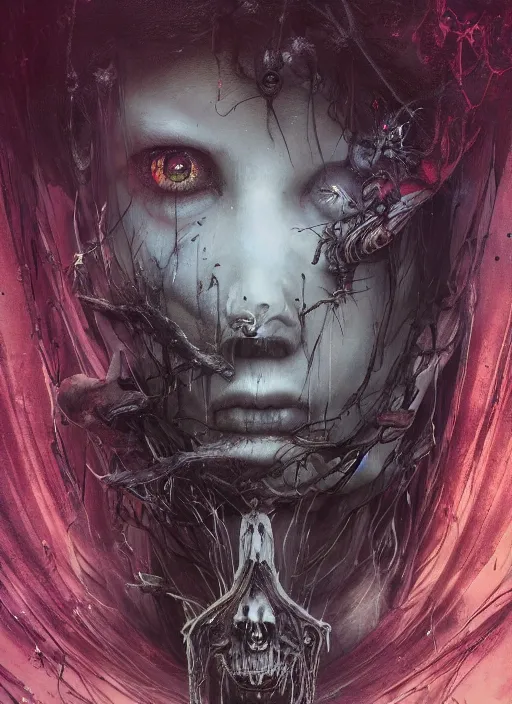 Prompt: Alice goes down the rabbit hole,highly detailed,half skull face,cinematic,8k,by Stanley Artgermm,Tom Bagshaw,Greg Rutkowski,Carne Griffiths, Ayami Kojima, Beksinski, Giger,trending on DeviantArt,hyper detailed,horror, full of colour