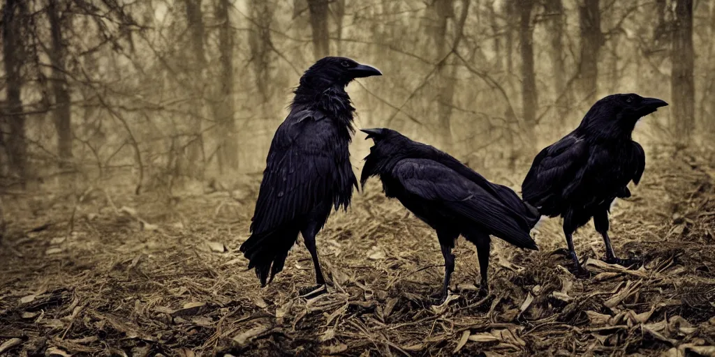 Image similar to mixture between an!! crow and! wolf, photograph captured in a dark forest