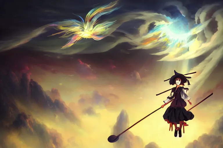 Prompt: baroque oil painting of anime key visual concept art of touhou anime witches flying on broomsticks through the sky, volumetric lighting, sunrays breaking through clouds, grimdark steampunk high fantasy, trending on artstation, brush strokes, oil on canvas, style of makoto shinkai and greg rutkowski and studio ghibli