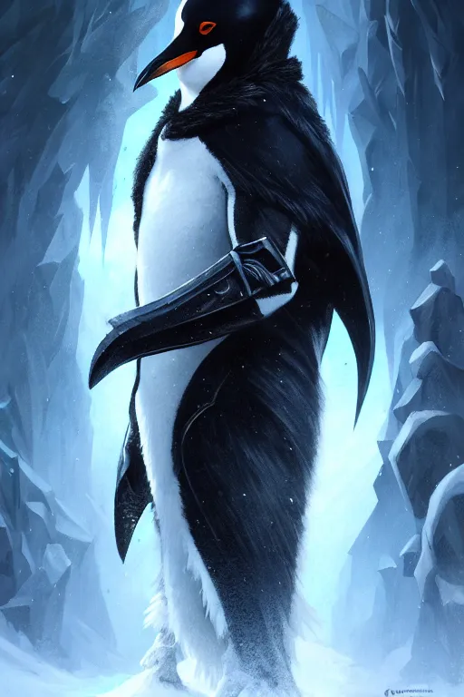 Prompt: anthropomorphic evil penguin wearing dark clothes, icy landscape, weapons, dnd, mystical, large portrait, character, fantasy, intricate, elegant, digital painting, artstation, concept art, smooth, 8 k frostbite 3 engine, ultra detailed, art by artgerm and greg rutkowski and magali villeneuve