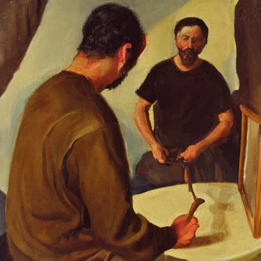 Image similar to A man making an oil painting of a man making an oil painting of a man making an oil painting of a man making an oil painting of a vase, oil painting