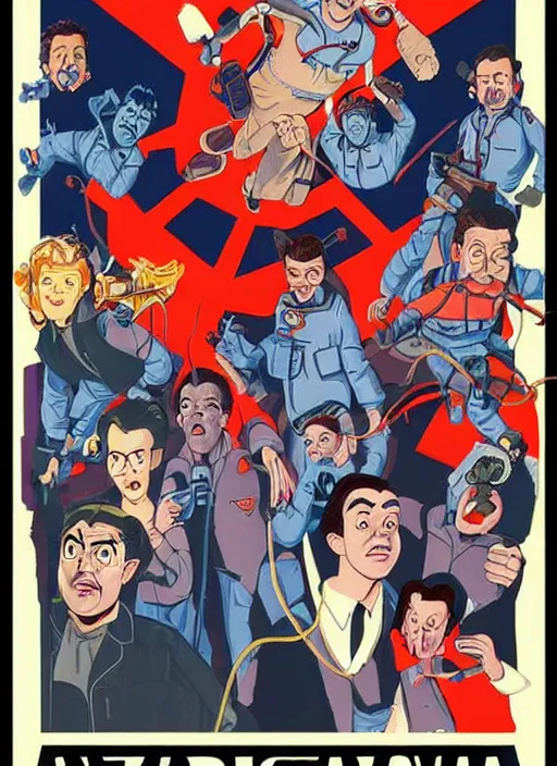 Image similar to a poster of the real ghostbusters ( 1 9 8 6 ) and david lynch, poster art by john carpenter, featured on deviantart, toyism, movie poster, concert poster, poster art, highly detailed