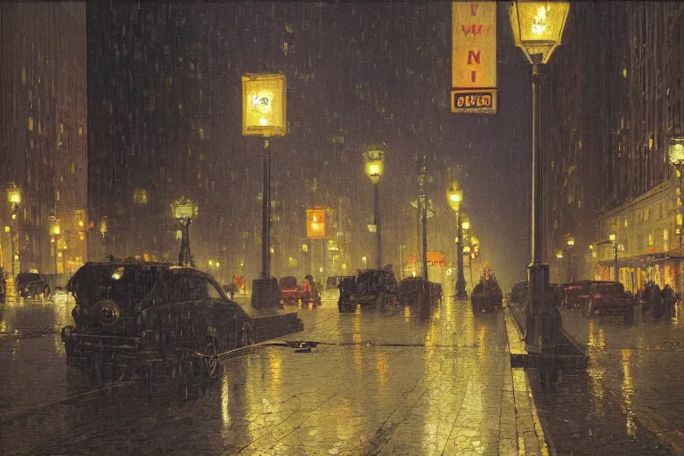 Image similar to painting of the streets of new york at night, streetlights, raining, romantic, by ludwig deutsch and maxfield parrish, patterned tilework, extremely detailed, cinematic lighting, smooth sharp focus