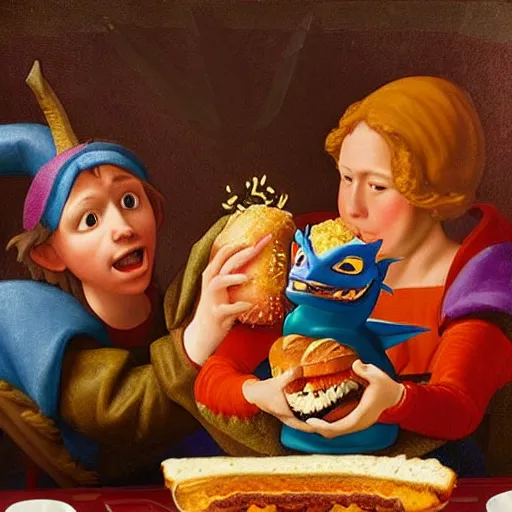 Prompt: Spyro the Dragon eating a whopper at Burger King, in the style of a renaissance painting, historical painting