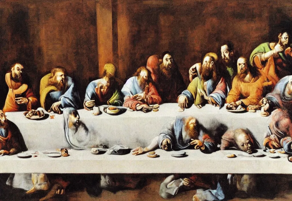 Image similar to last supper painted by francis bacon 8 k, hyperdetailed