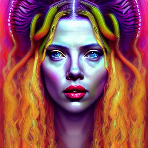 Image similar to an extremely psychedelic portrait of scarlett johanson as medusa, surreal, lsd, face, detailed, intricate, elegant, lithe, highly detailed, digital painting, artstation, concept art, smooth, sharp focus, illustration