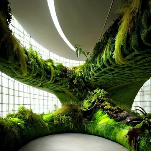 Image similar to a dream about opulent, abandoned overgrown futuristic base on Mars designed by Zaha Hadid, lush plants growing through the glossy floors and walls, walls are covered with moss and vines, beautiful, dusty, golden volumetric light shines through, golden rays fill the space with warmth, rich with epic details, dreamy atmosphere and drama