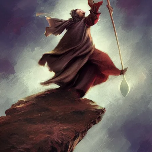 Image similar to wizard flying on the broom, front view, digital art, artstation