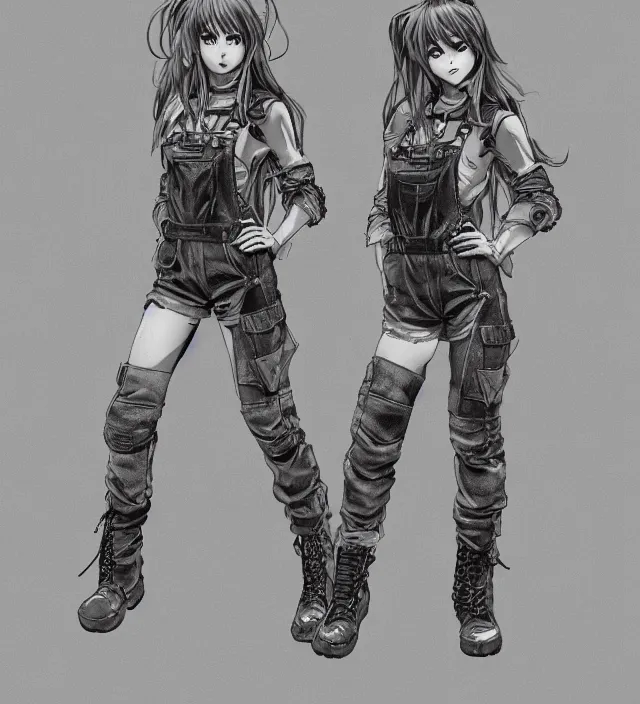 Image similar to full body pose, hd, manga anime portrait of a fairy girl in combat boots and overalls, in ishikawa ken frank miller jim lee style detailed trending award winning on flickr artstation,