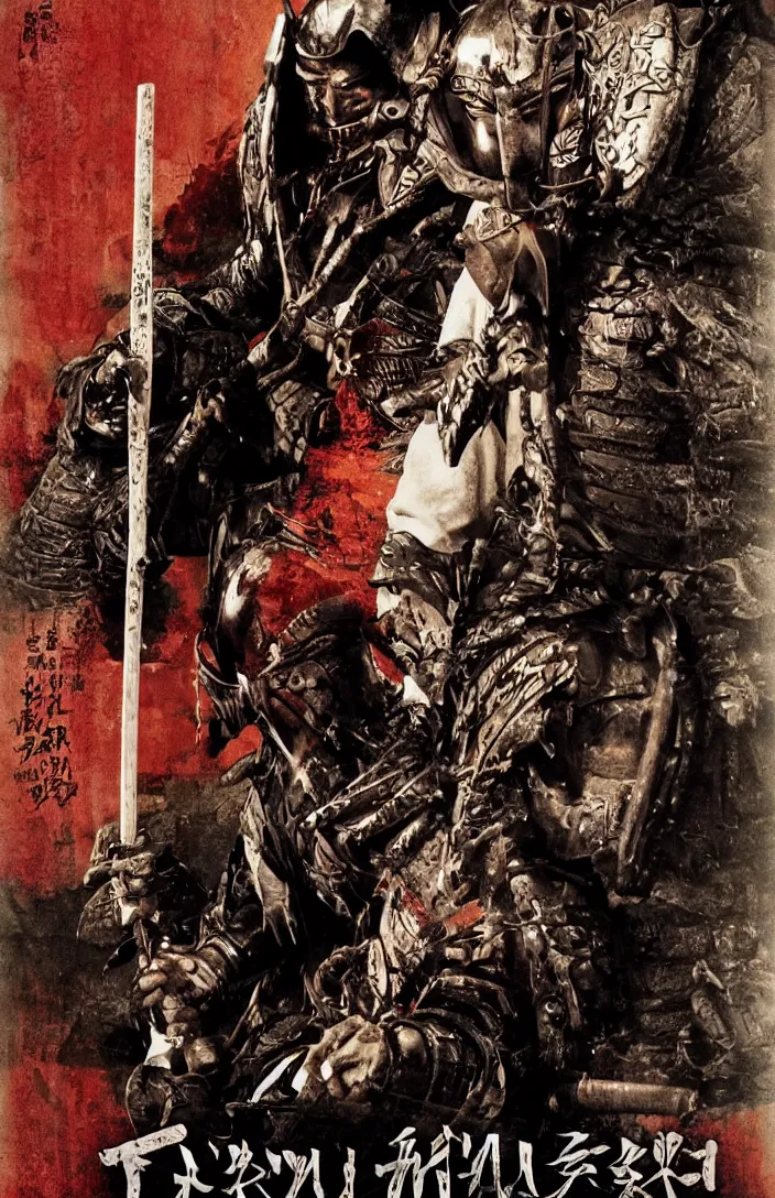 Prompt: movie film poster art for samurai vs predator film shot in feudal japan staring hiroyuki sanada as a disgraced ronin who hunts down the predator after he fails to protect his master from it. in the style of ansel adams, reynold brown, h. r. geiger.