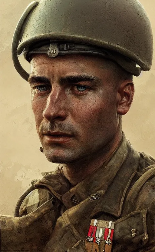 Image similar to Portrait of a WWII tank commander, male, detailed face, 20th century, highly detailed, cinematic lighting, digital art painting by greg rutkowski