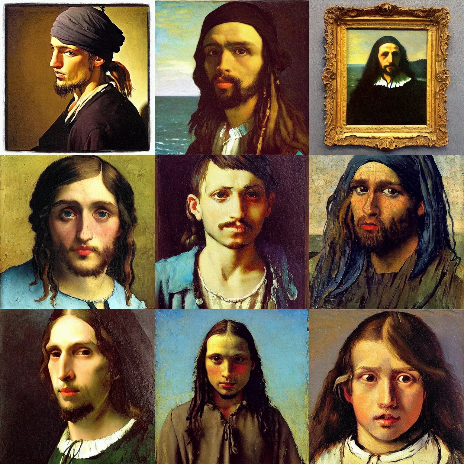 Prompt: “beautiful pirate young man with long dark hair and pretty eyes, as painted by vincent van goth, symmetrical eyes, symmetrical face, impasto thick paint, painted by Winslow Homer and vermeer”