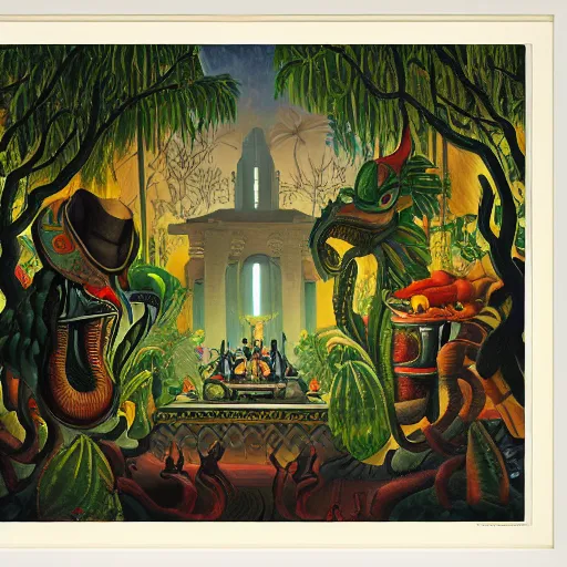 Image similar to high quality, high detail painting, dutch masterpiece, darryl mccray, film noir, diego rivera, high garden scene with quetzalcoatl at night, hd, muted lighting