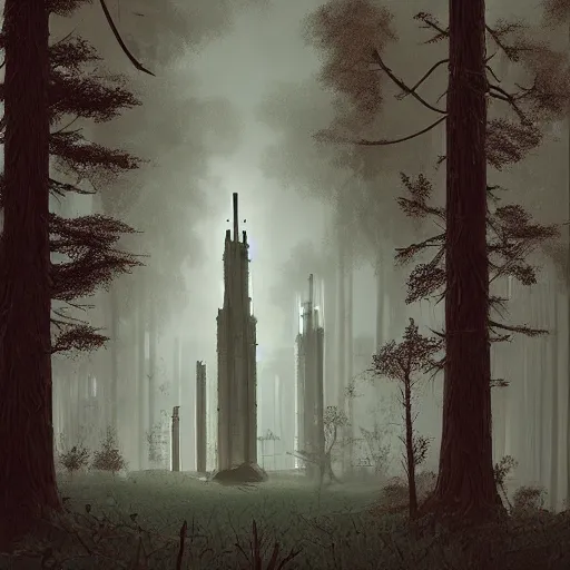 Image similar to monumental old ruins, church, tower of a dark misty forest, overcast, sci - fi digital painting by simon stalenhag