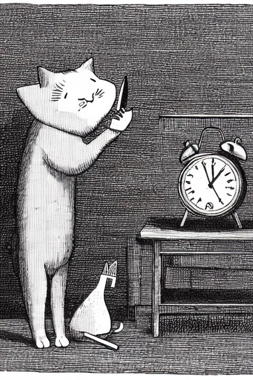 Prompt: cat standing next to alarm clock, holding a fork and knife in his paws, image from old textbook by John Kenn Mortensen