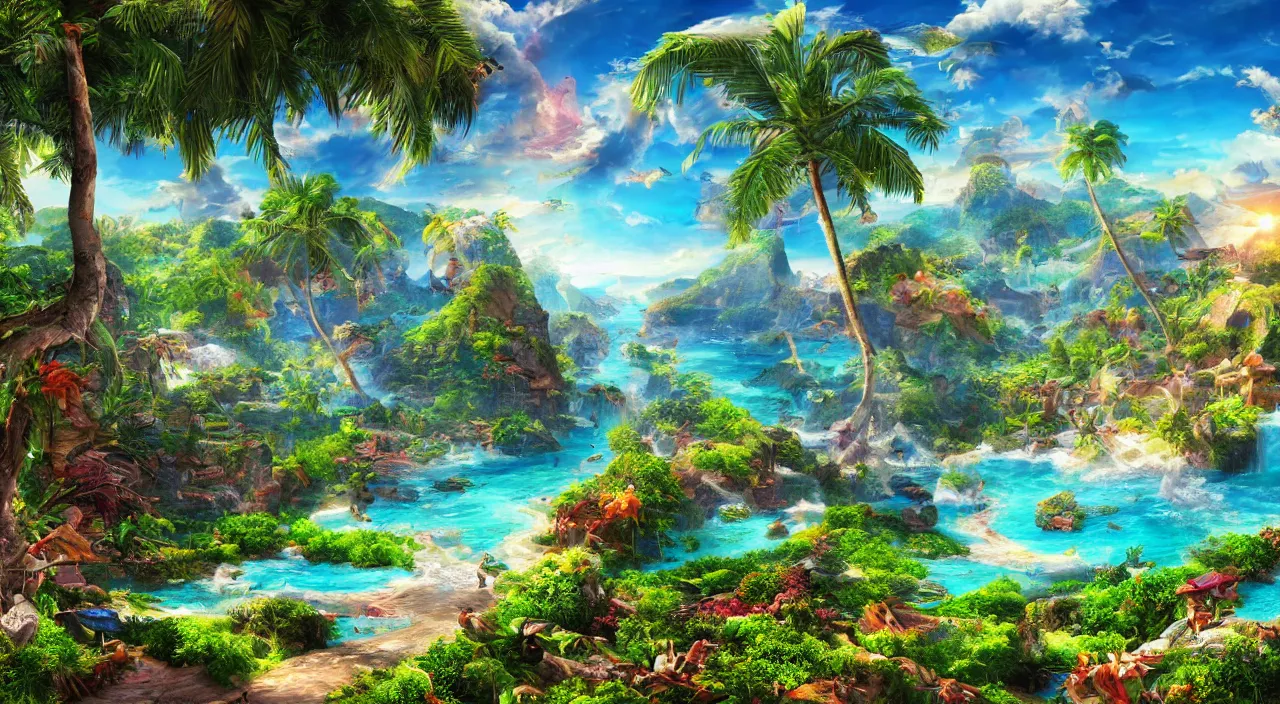 Image similar to epic paradise landscape, high definition, high detail, 8k, photorealistic,